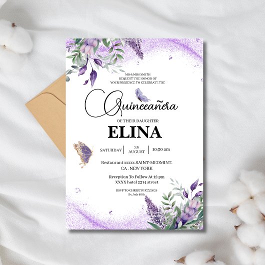 Invitation Élégant papillon lavande Quinceañera Lilac