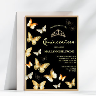Invitation Elégant Papillon Noir Or Quinceañera