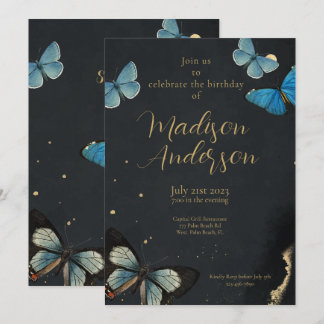 Invitation Elégant Papillon Or Noir Adulte Anniversaire