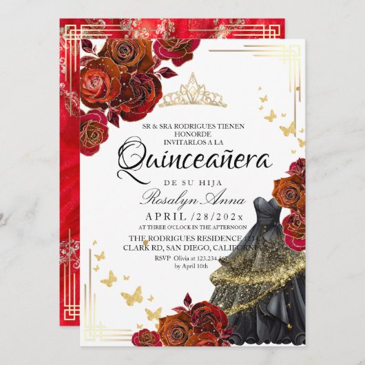 Invitation Élégant Papillon Or Rose Rouge Quinceañera (Devant / Derrière)