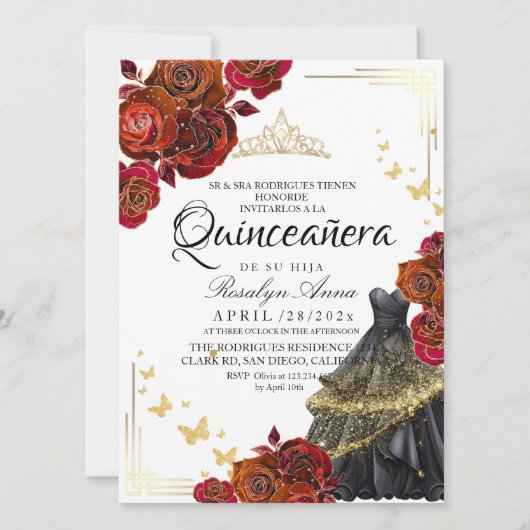 Invitation Élégant Papillon Or Rose Rouge Quinceañera (Devant)