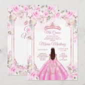 Invitation Élégant papillon rose floral Princesse Quiñceanera (Devant / Derrière)