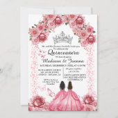 Invitation Élégant papillon rose floral Twin Quinceanera (Devant)