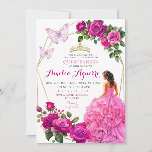 Invitation Élégant papillon rose Fuchsia Floral Quinceañera (Devant)