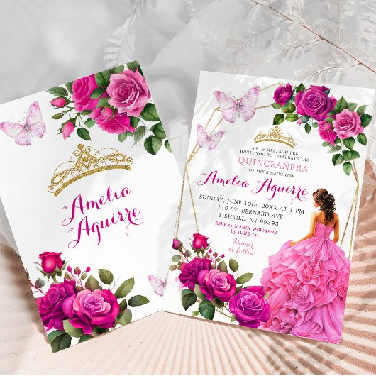 Invitation Élégant papillon rose Fuchsia Floral Quinceañera
