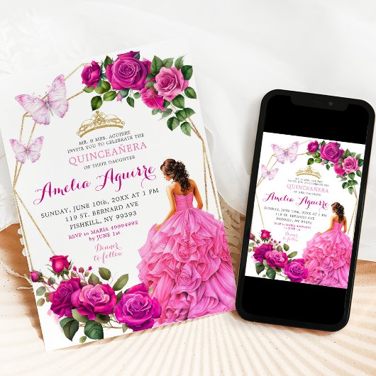 Invitation Élégant papillon rose Fuchsia Floral Quinceañera
