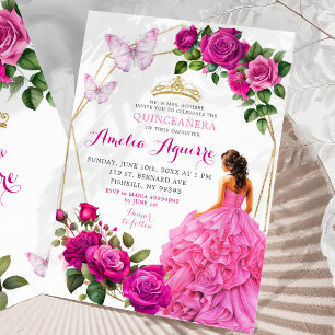 Invitation Élégant papillon rose Fuchsia Floral Quinceañera