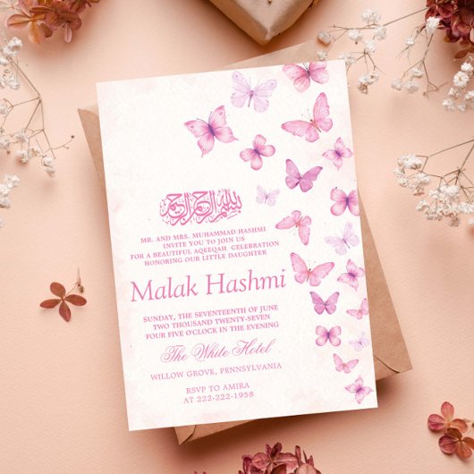 Invitation Elégant papillon rose islamique bébé fille Aqeeqah