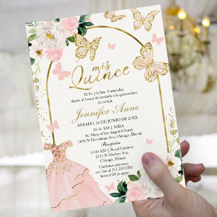 Invitation Élégant Papillon Rose Quinceañera Espagnole  