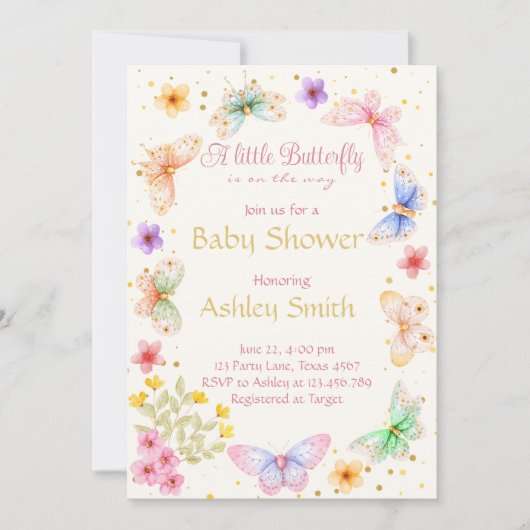 Invitation Elégant papillon sur le chemin Baby shower fille (Devant)