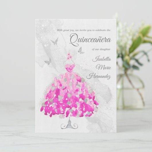 Invitation Élégant papillons rose et argent Quinceañera (Debout devant)