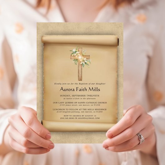 Invitation Elegant Parchment Cross Baptism