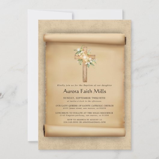 Invitation Elegant Parchment Cross Baptism (Devant)