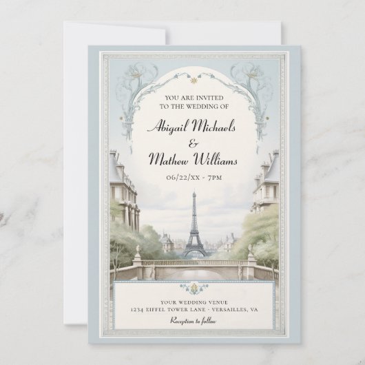 Invitation Elégant Paris Tour Eiffel Mariage bleu Poudrier (Devant)