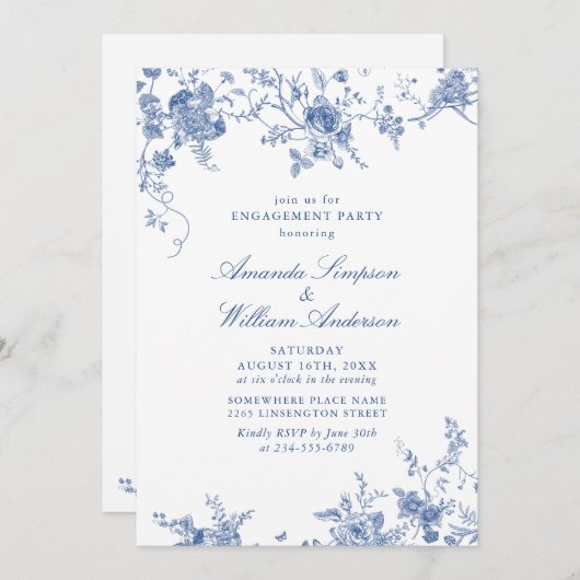 Invitation Élégant parti d'ENGAGEMENT Floral Bleu Victorien (Devant / Derrière)