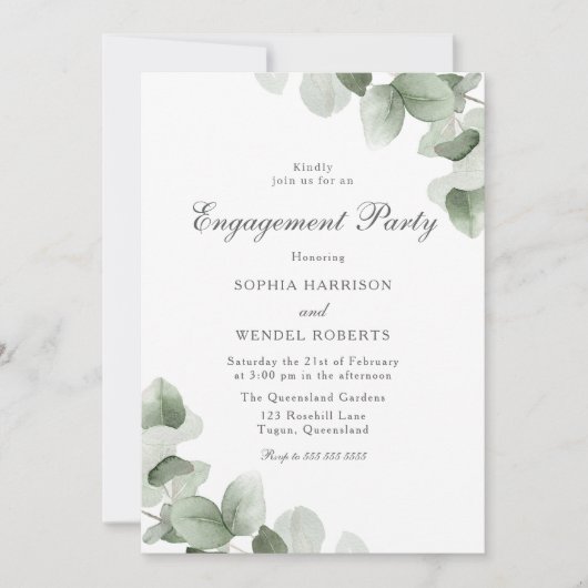 Invitation Élégant Parti d'engagement Mariage Feuille vert (Devant)