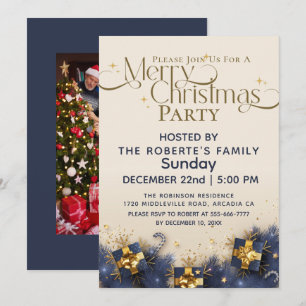 Invitation Élégant PARTIE de Noël Noir Or bleu Paillettes