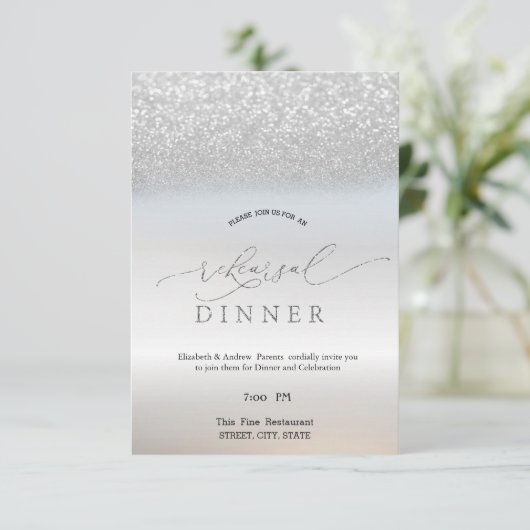 Invitation Elégant Parties scintillant Argent Bokeh Rehearsal (Debout devant)