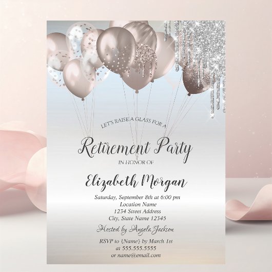 Invitation Elégant Parties scintillant Ballons Retraite Argen