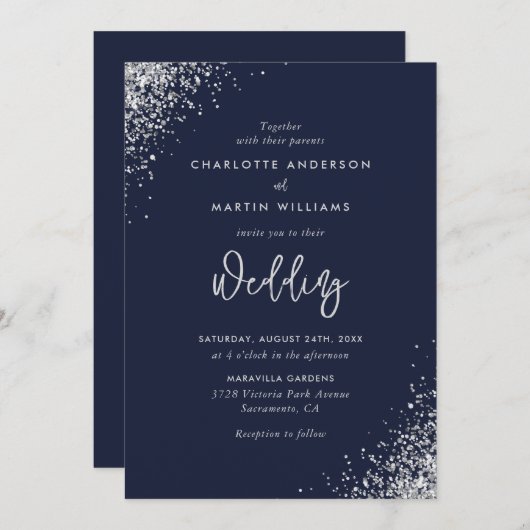 Invitation Elégant Parties scintillant bleu marine et Mariage (Devant / Derrière)