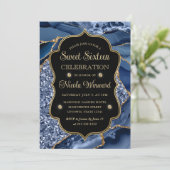 Invitation Elégant Parties scintillant Bleu & Or Sweet sixtee (Debout devant)