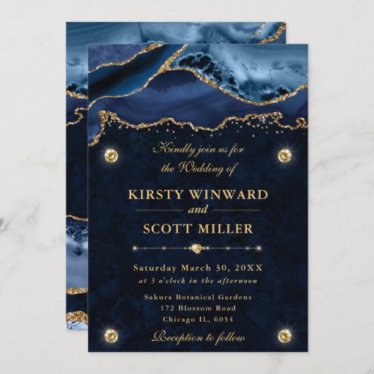 Invitation Élégant Parties scintillant bleue et or Mariage d' (Devant / Derrière)