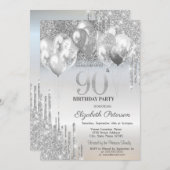 Invitation Élégant Parties scintillant d'argent Ballons 90e a (Devant / Derrière)