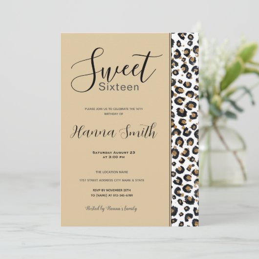 Invitation Élégant Parties scintillant d'or Motif Leopard (Debout devant)