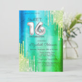 Invitation Élégant Parties scintillant Drips Green Sweet 16 (Debout devant)