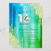 Invitation Élégant Parties scintillant Drips Green Sweet 16 (Devant / Derrière)