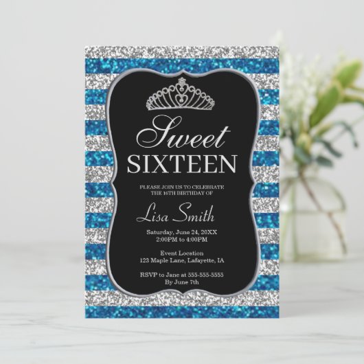 Invitation Elégant Parties scintillant en argent chic bleu Ti (Debout devant)