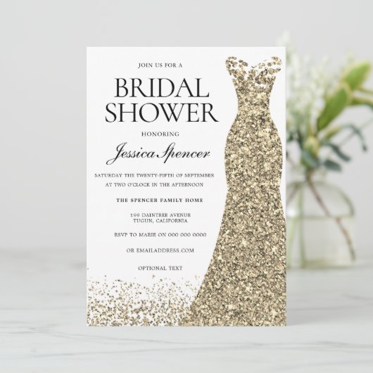 Invitation Elégant Parties scintillant Gold Robe Fête des mar (Debout devant)