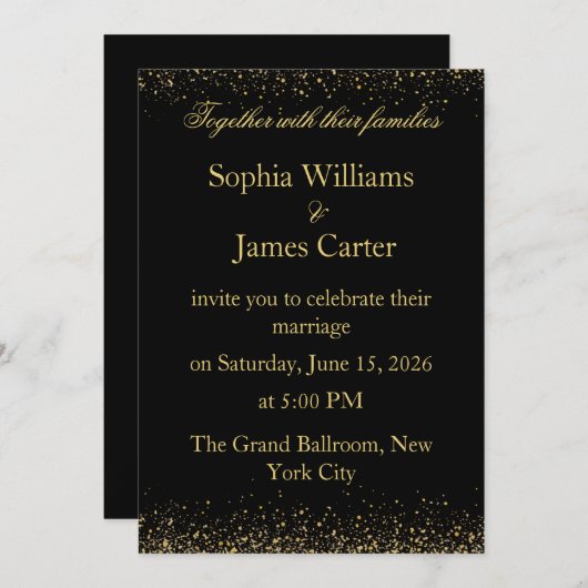 Invitation Élégant Parties scintillant Noir & Or Mariage Conf (Devant / Derrière)
