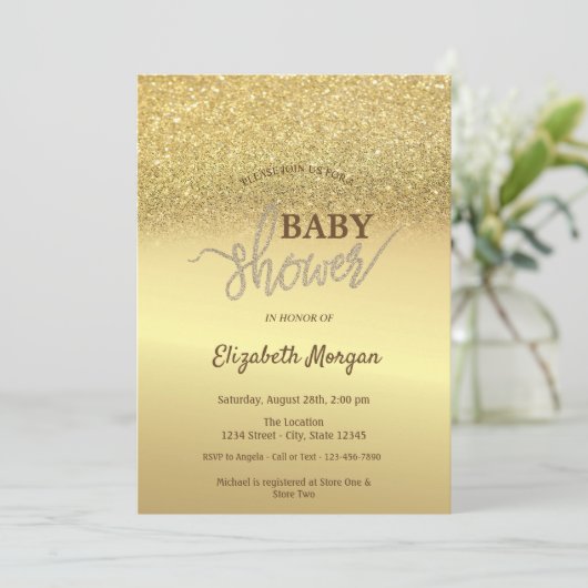 Invitation Elegant Parties scintillant or Baby shower Bokeh (Debout devant)