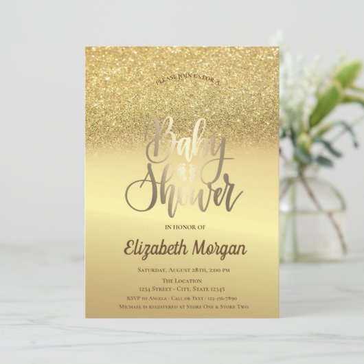 Invitation Elegant Parties scintillant or Bokeh Ombre Baby sh (Debout devant)