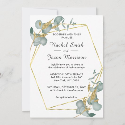 Invitation Elégant Parties scintillant or Eucalyptus Mariage (Devant)