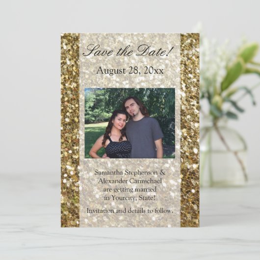 Invitation Elégant Parties scintillant or Mariage imprimé (Debout devant)