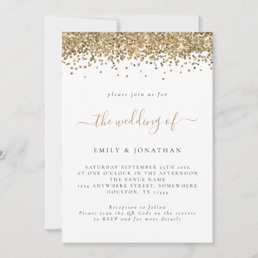 Invitation Elegant Parties scintillant or QR Code Mariage (Devant)