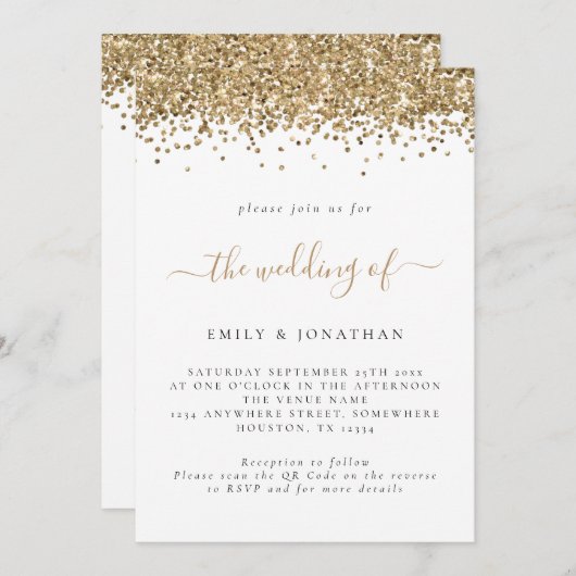 Invitation Elegant Parties scintillant or QR Code Mariage (Devant / Derrière)