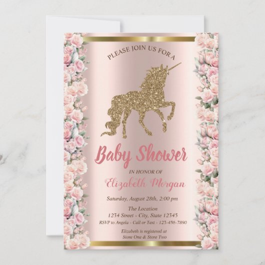 Invitation Elégant Parties scintillant or Rose Unicorn Baby s (Devant)