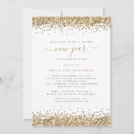 Invitation Élégant Parties scintillant Or Script New Years Ev (Devant)