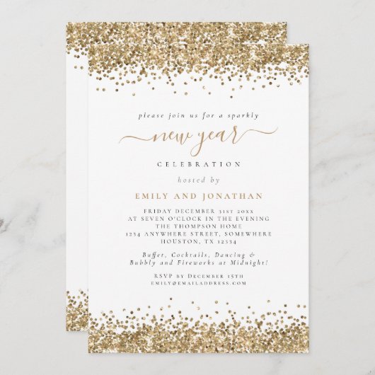 Invitation Élégant Parties scintillant Or Script New Years Ev (Devant / Derrière)