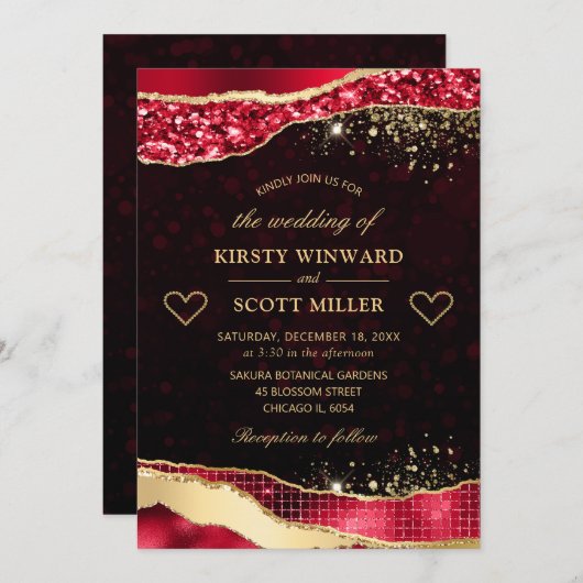 Invitation Élégant Parties scintillant rouge et or Glam Tears (Devant / Derrière)