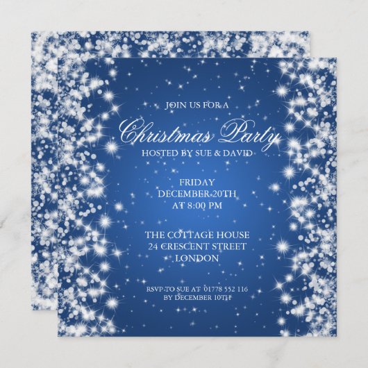 Invitation Élégant Party Sparkle Blue (Devant / Derrière)