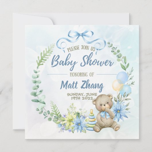 Invitation Elégant Pastel Baby shower bleu et blanc (Devant)