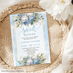 Invitation Élégant Pastel Bleu Blanc Or Floral Sweet 16