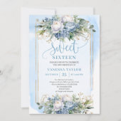 Invitation Élégant Pastel Bleu Blanc Or Floral Sweet 16 (Devant)
