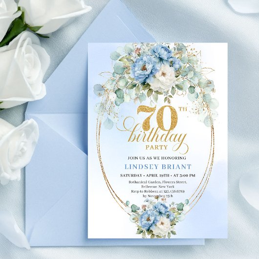 Invitation Elegant Pastel Blue Flowers 70th Birthday Invites