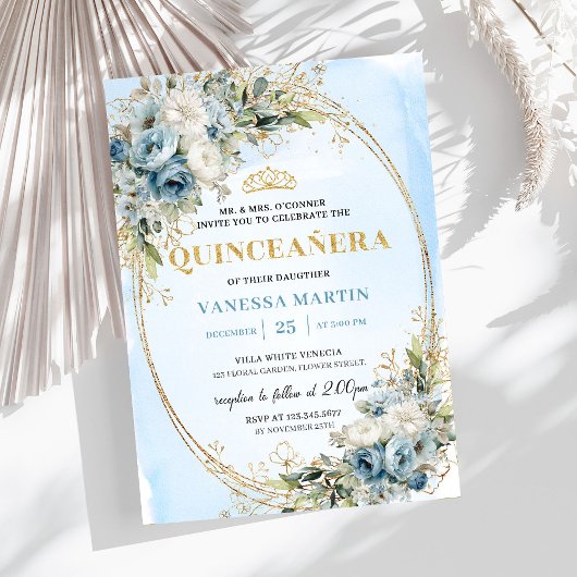 Invitation Elegant Pastel Blue Gold Eucalyptus 15th Birthday