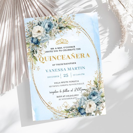 Invitation Elegant Pastel Blue Gold Eucalyptus Quinceañera